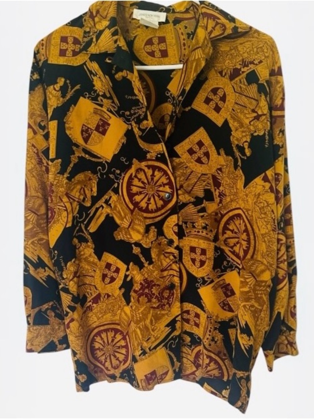 vintage silk Jones New York blouse a gold and black heraldic design sz 4P